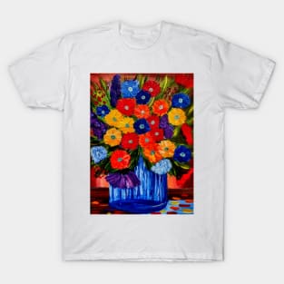 Beautiful floral paintings with abstract flowers in a blue vase T-Shirt